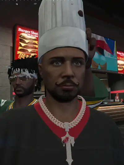 Personnage GTA avec toque de chef – Burger Shot